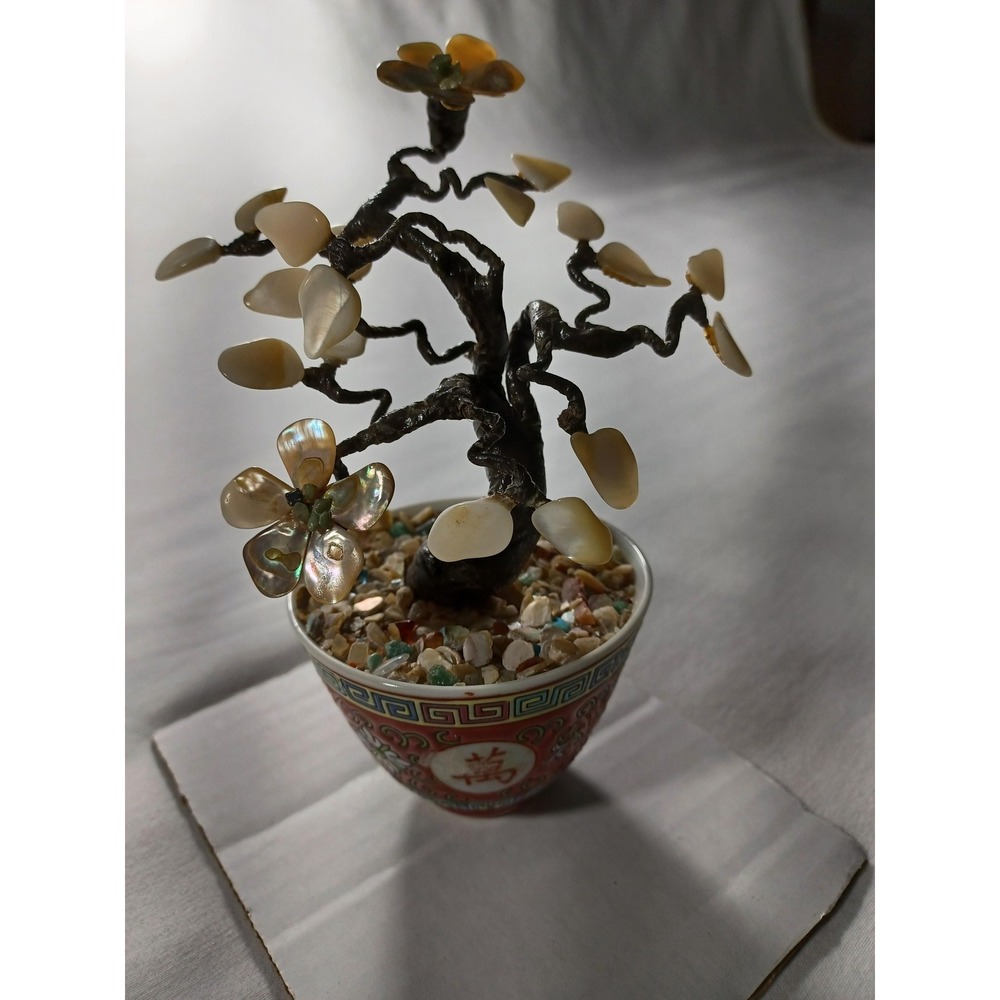 Mother of Pearl Abalone Bonsai Tree in Chinese Porcelain Cup Figurine Decor‎